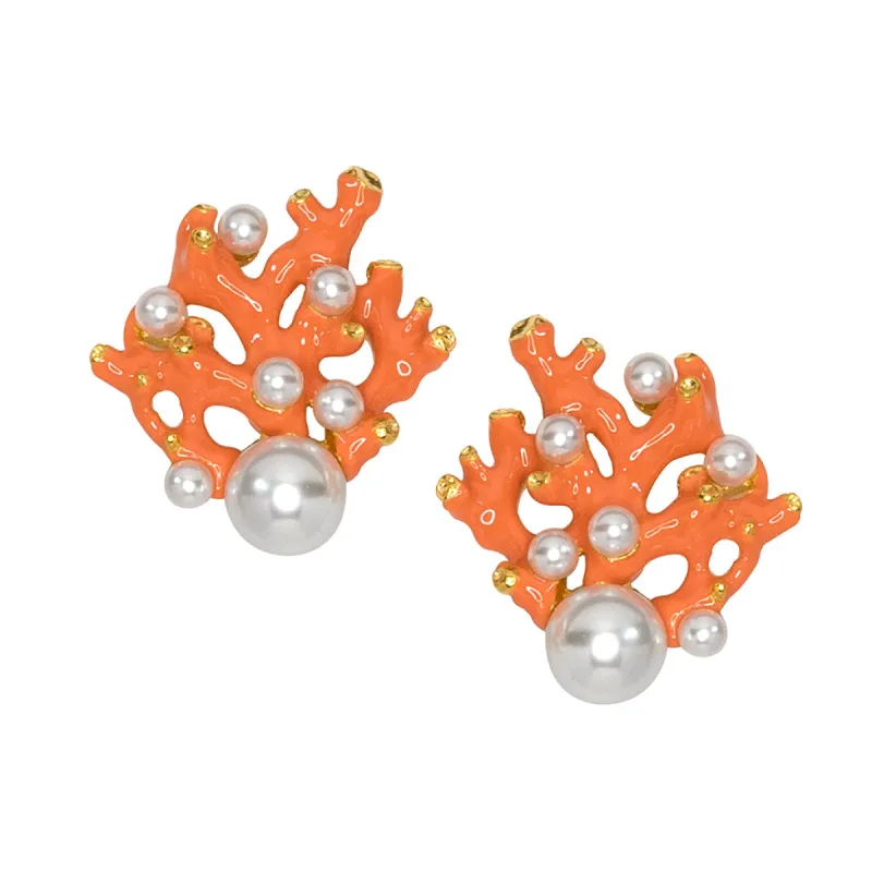 Coral & Pearl Dot Clip Earrings sold by Kenneth Jay Lane