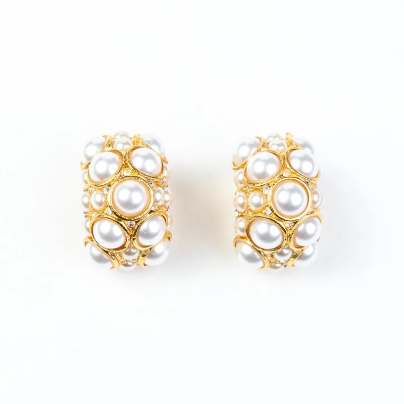Gold and Crystal Clip Earrings with Pearl Cabochons sold by Kenneth Jay Lane