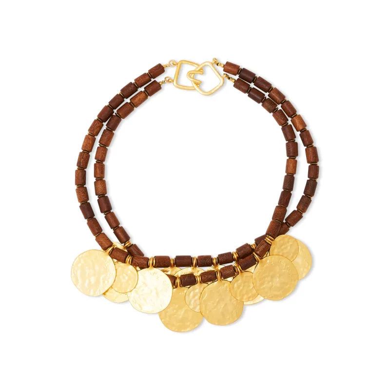 Satin Gold Coins & Wood Bead Necklace sold by Kenneth Jay Lane