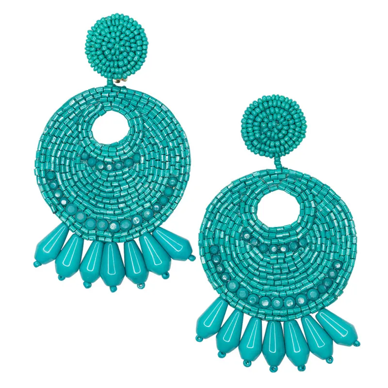 Turquoise Seed Bead Round Gypsy Hoop With Drops Pierced or Clip Earrings sold by Kenneth Jay Lane