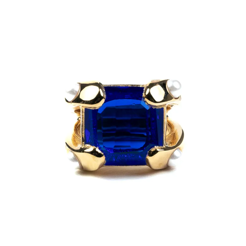 Polished Gold Adjustable Ring with Sapphire Stone Center and Pearls sold by Kenneth Jay Lane