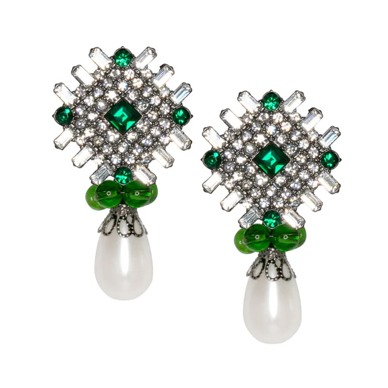 Emerald and White Pearl Drop Clip Earrings sold by Kenneth Jay Lane