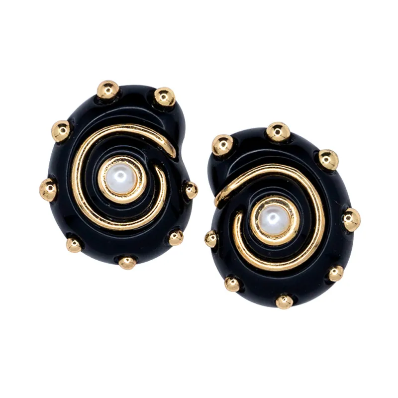 Black with Gold Dots and Pearl Center Shell Clip Earrings sold by Kenneth Jay Lane