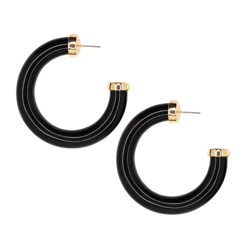 Large Polished Black Resin Gold Ends Hoop Pierced Earrings sold by Kenneth Jay Lane
