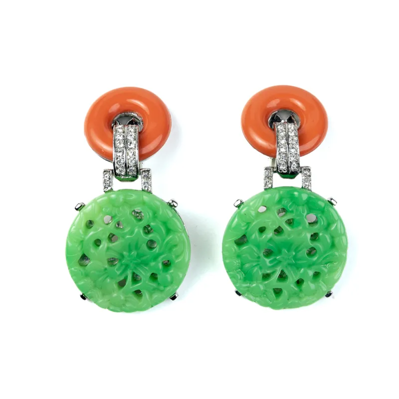 Coral and Carved Jade Circle Clip Earrings sold by Kenneth Jay Lane