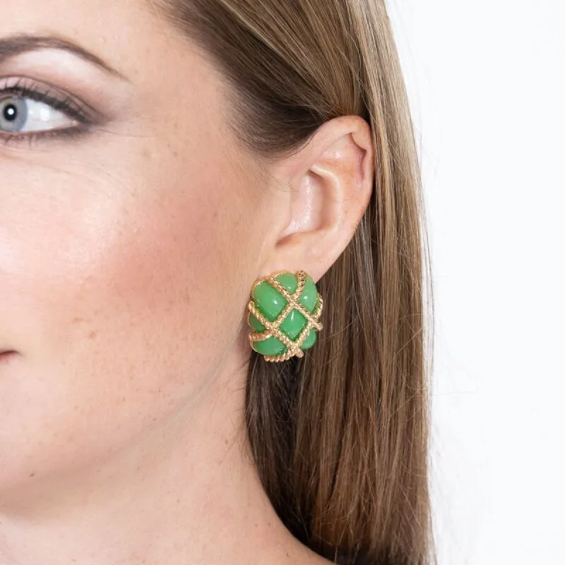 Gold Trim Jade Quilted Clip Earrings sold by Kenneth Jay Lane