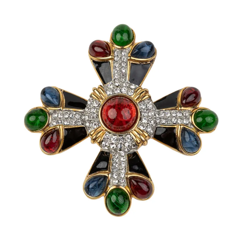 Black and Multi Color Gem Cross Pin sold by Kenneth Jay Lane