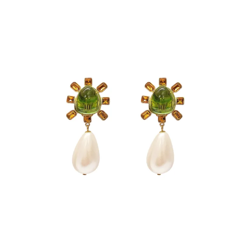 Topaz and Peridot Cabochon Center Pearl Drop Clip Earring sold by Kenneth Jay Lane