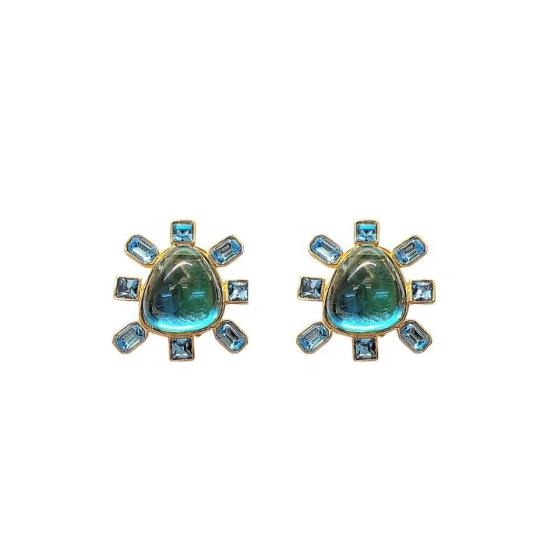 Aqua and Aqua Cabochon Center Clip Earring sold by Kenneth Jay Lane