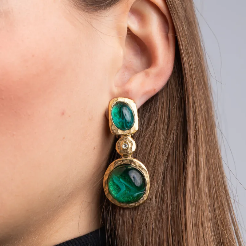 Flawed Emerald Cabochon Drop Clip Earrings sold by Kenneth Jay Lane