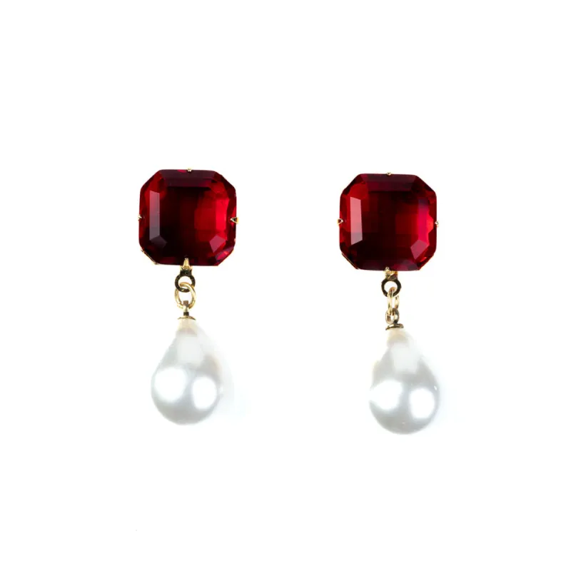 Ruby Stone Pearl Drop Pierced Earrings sold by Kenneth Jay Lane