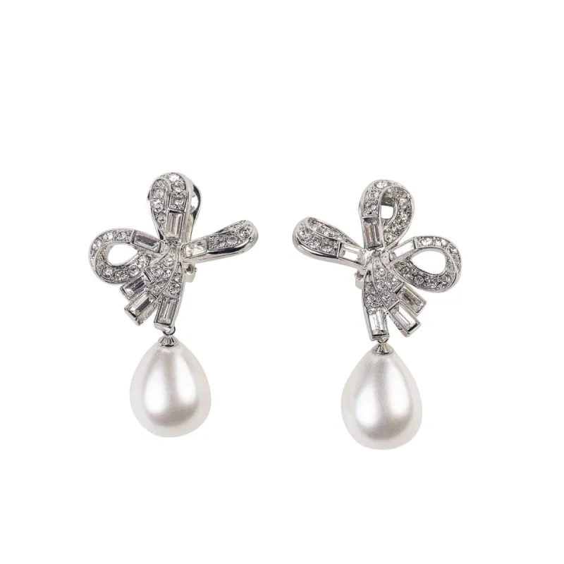Crystal Bow Pearl Drop Clip Earrings sold by Kenneth Jay Lane