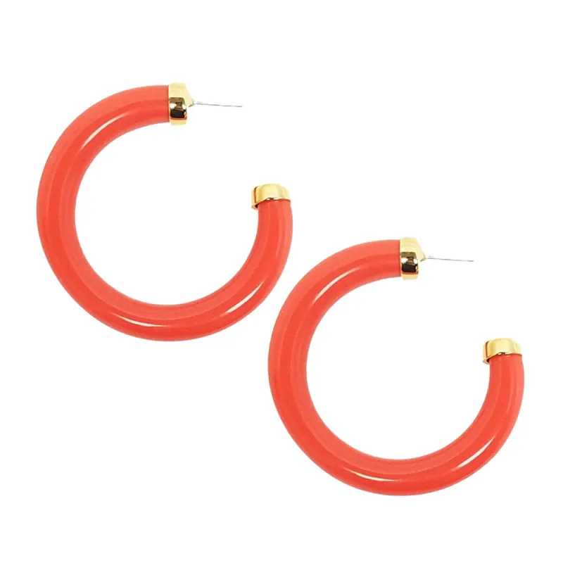 Large Polished Coral Resin Gold Ends Hoop Pierced Earrings sold by Kenneth Jay Lane