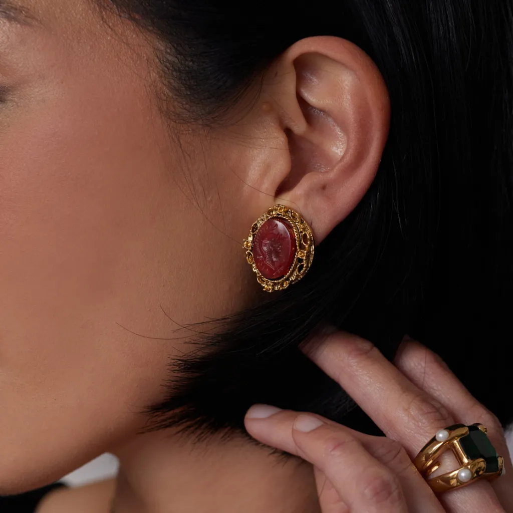 Antique Gold and Topaz Clip Earrings With Carnelian Center sold by Kenneth Jay Lane product image thumbnail 2