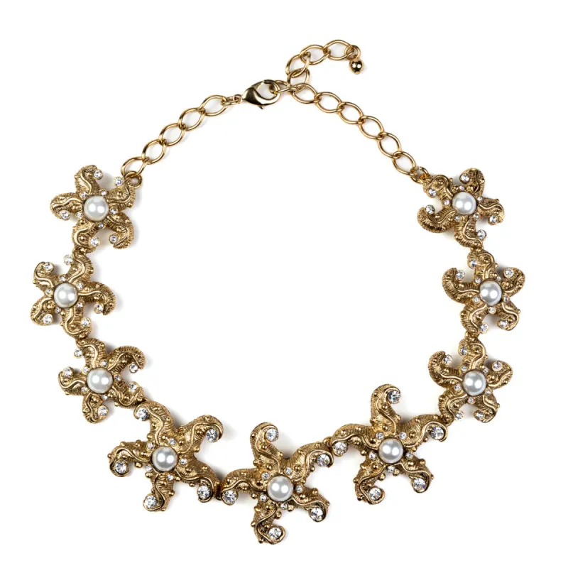 Antique Gold and Crystal Starfish Necklace with Pearl Center sold by Kenneth Jay Lane
