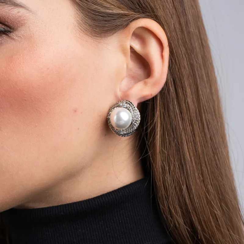 Pearl and Crystal Love Knot Clip Earrings sold by Kenneth Jay Lane