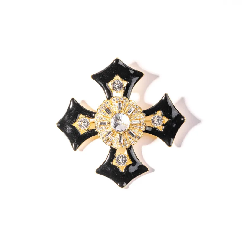 Gold, Crystal and Black Maltese Cross Pin sold by Kenneth Jay Lane