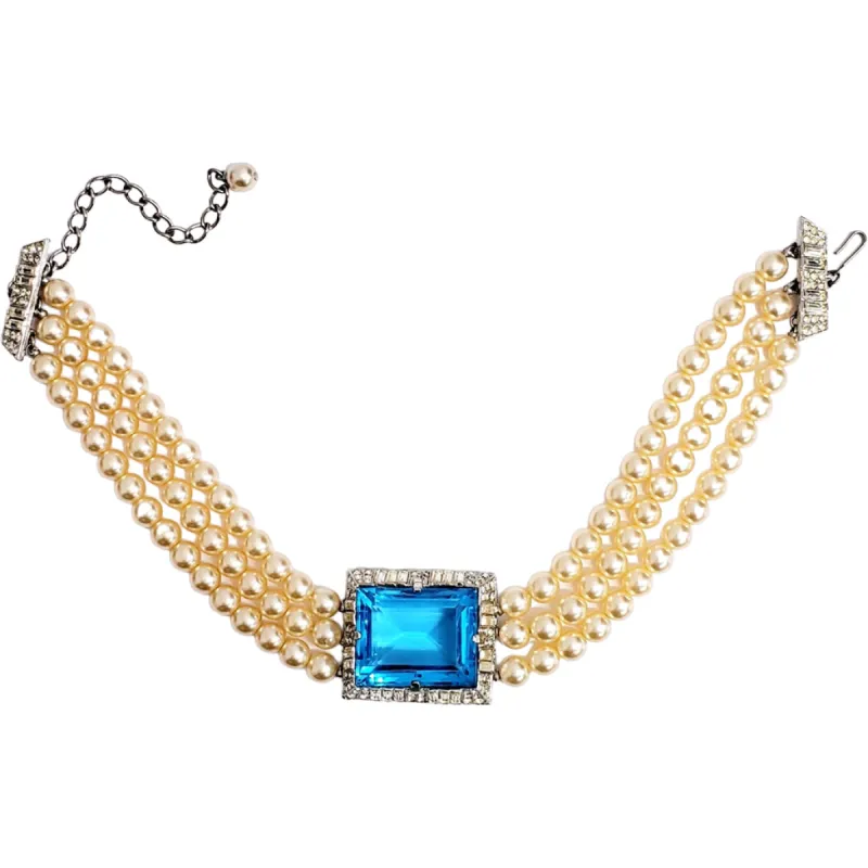 Vintage Cultura Pearl Necklace with Aqua Stone Center sold by Kenneth Jay Lane