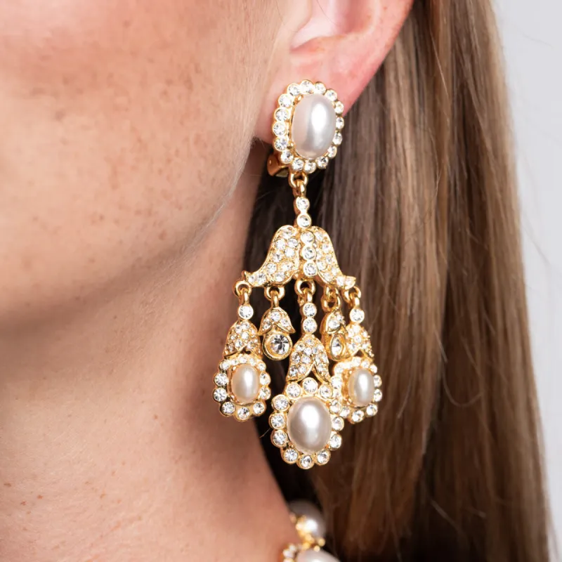 Gold Chandelier and White Pearl Clip Earrings sold by Kenneth Jay Lane