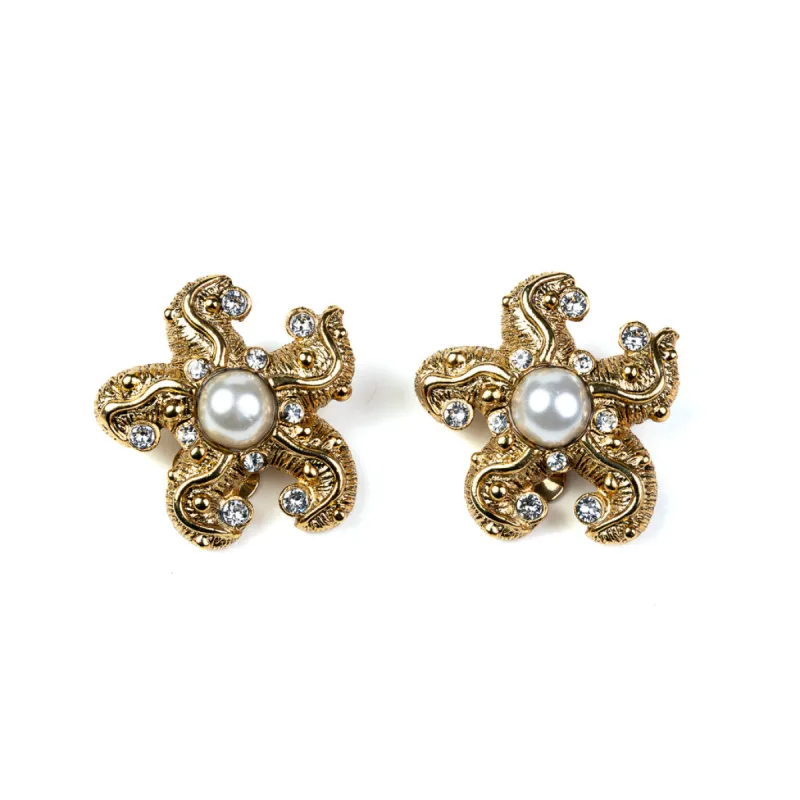 Antique Gold and Crystal Starfish Clip Earring with Pearl Center sold by Kenneth Jay Lane