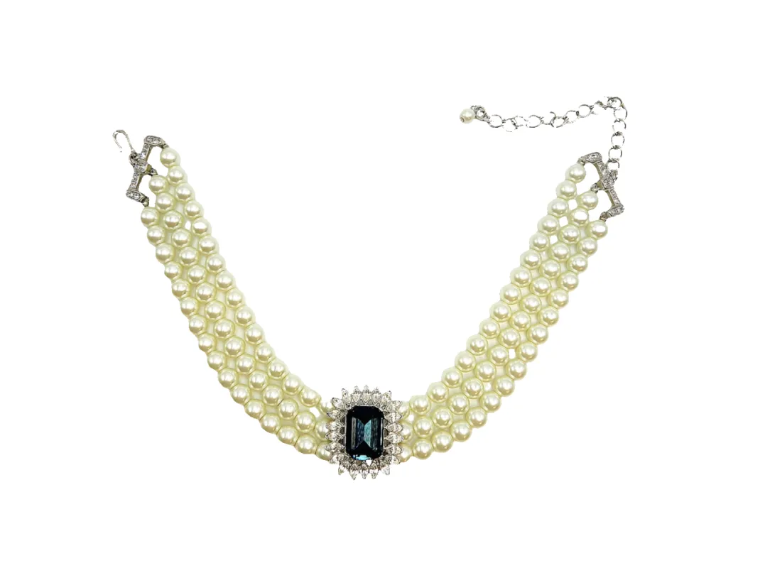 3 Row Pearl Choker With Sapphire and Crystal Center sold by Kenneth Jay Lane