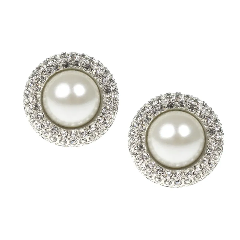 Silver & Crystal Pearl Clip Earrings sold by Kenneth Jay Lane