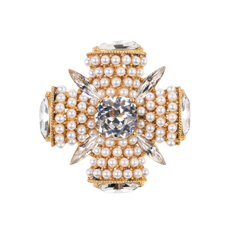 Gold and Pearl Crystal Side Cross Pin sold by Kenneth Jay Lane