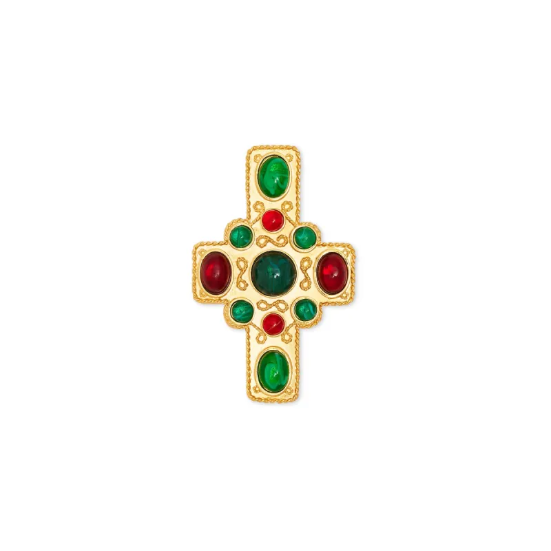 Satin Gold Ruby & Emerald Cross Pin sold by Kenneth Jay Lane