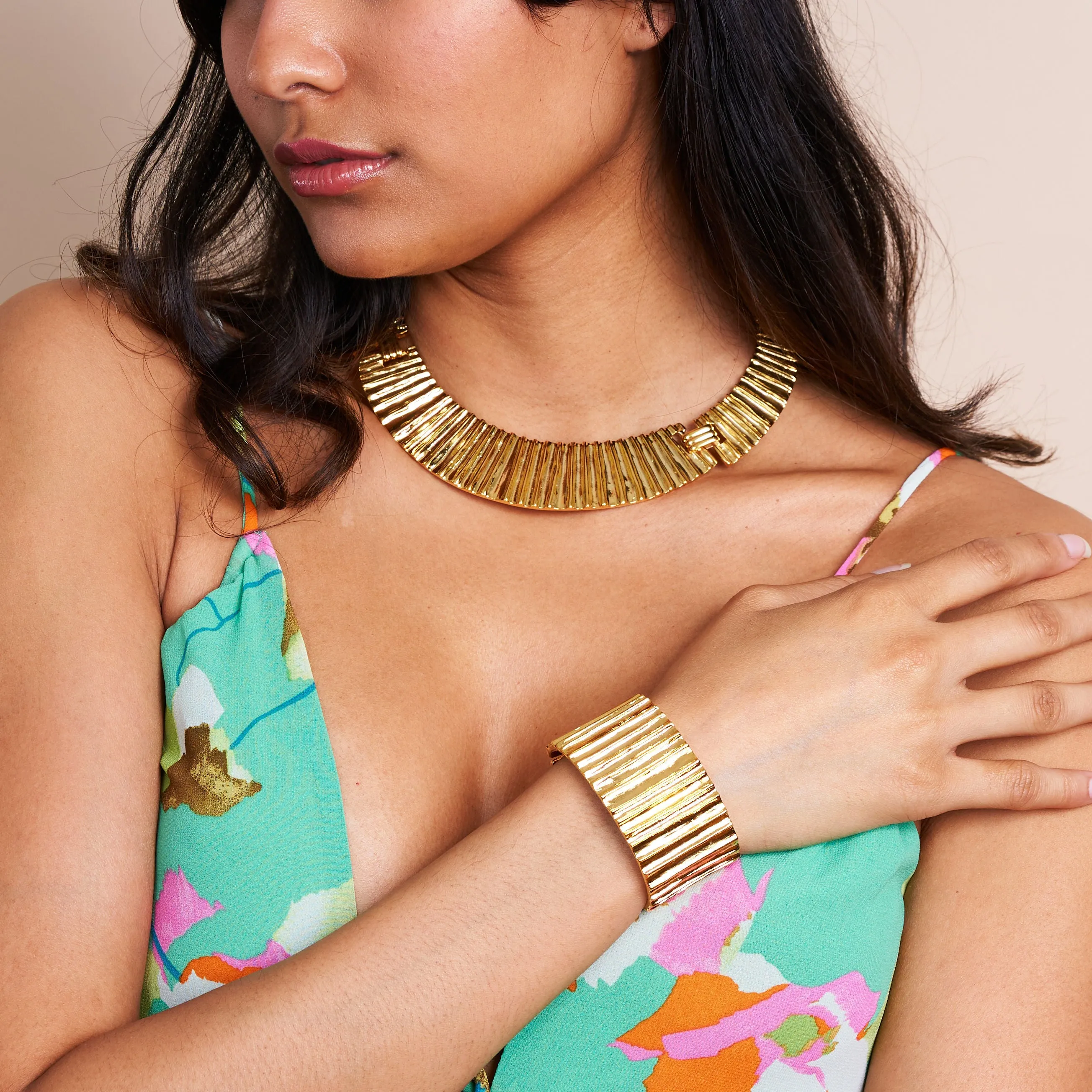 Gold Ribbed Hinged Cuff Bracelet sold by Kenneth Jay Lane product image thumbnail 2