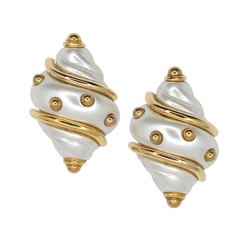 Cultura Pearl Shell with Gold Dots Clip Earrings sold by Kenneth Jay Lane
