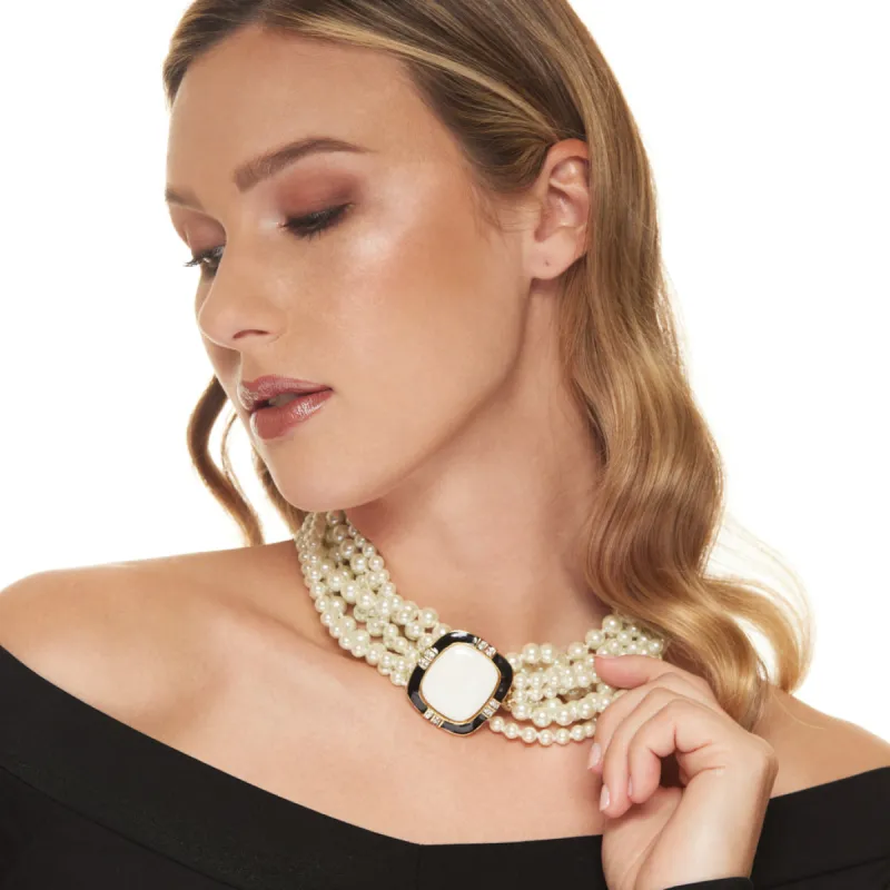 Vintage Eight Row White Pearl with Gold Square Clasp Necklace sold by Kenneth Jay Lane