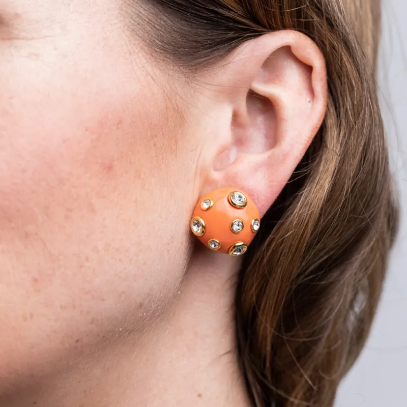 Coral Domed Gold Clip Earrings with Crystals sold by Kenneth Jay Lane