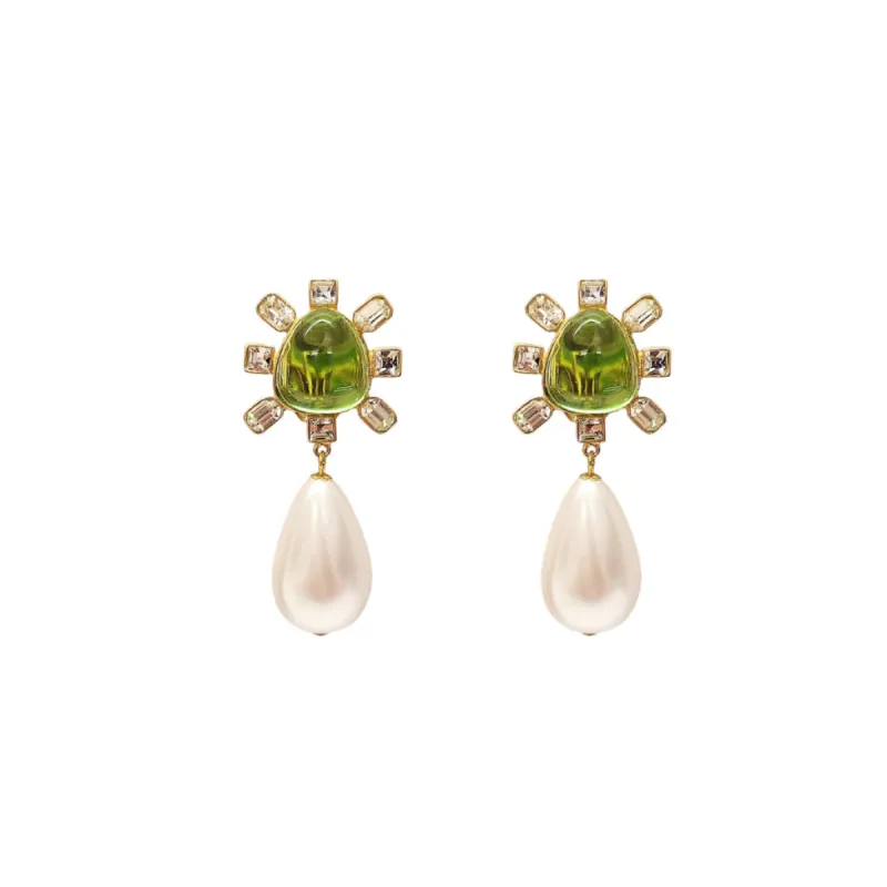 Clear Crystal and Peridot Cabochon Center Pearl Drop Clip Earring sold by Kenneth Jay Lane