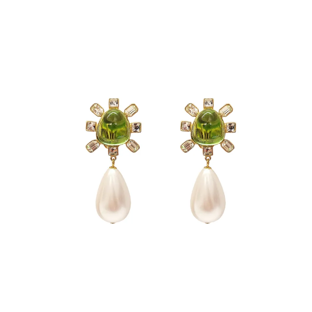 Clear Crystal and Peridot Cabochon Center Pearl Drop Clip Earring sold by Kenneth Jay Lane