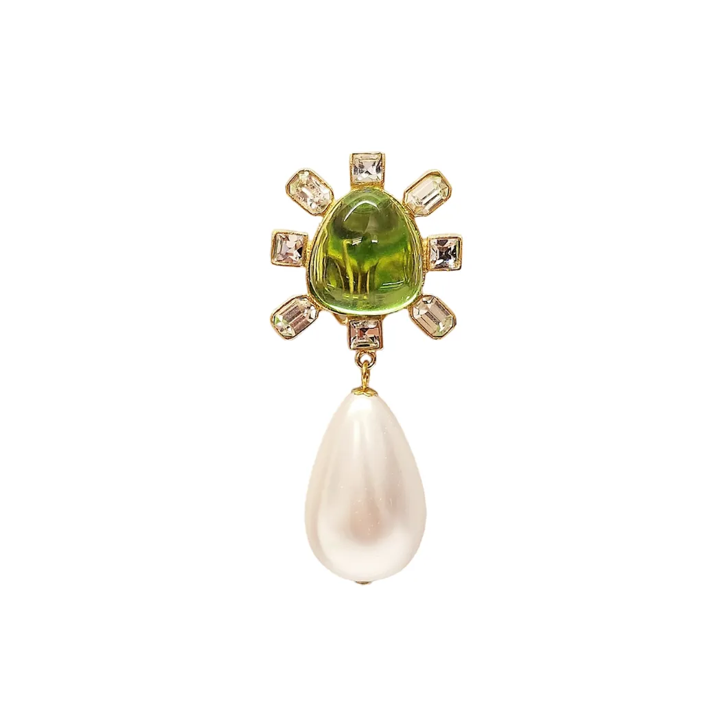 Clear Crystal and Peridot Cabochon Center Pearl Drop Clip Earring sold by Kenneth Jay Lane product image thumbnail 2