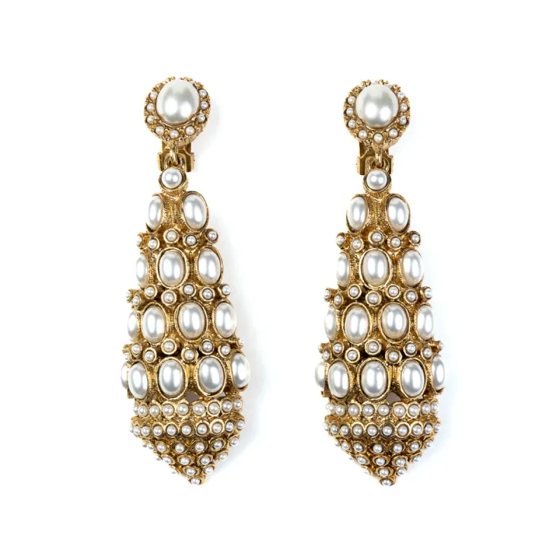 Antique Gold with Pearl Drop Clip Earrings sold by Kenneth Jay Lane