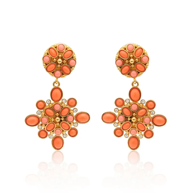Gold & Coral Cabochon Drop Clip Earrings sold by Kenneth Jay Lane