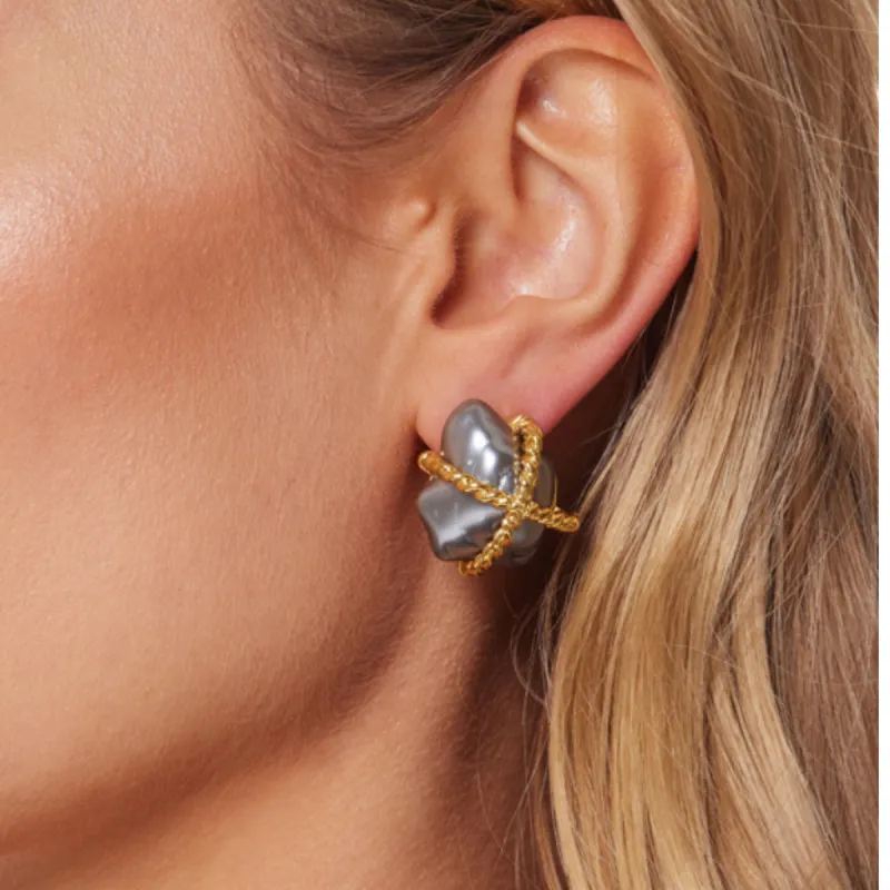 Grey Pearl with Gold "X" Nugget Clip Earring sold by Kenneth Jay Lane
