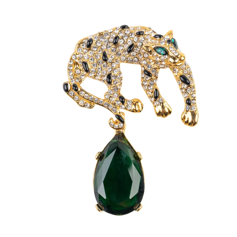 Gold and Crystal Leopard Pin with Emerald Eyes sold by Kenneth Jay Lane
