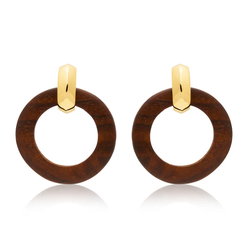 Polished Gold & Wood Doorknocker Clip Earrings sold by Kenneth Jay Lane