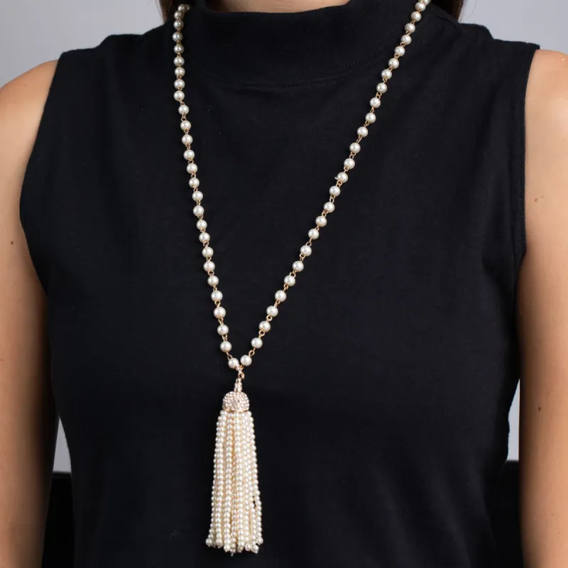 Pearl, Gold and Crystal Tassel Necklace sold by Kenneth Jay Lane