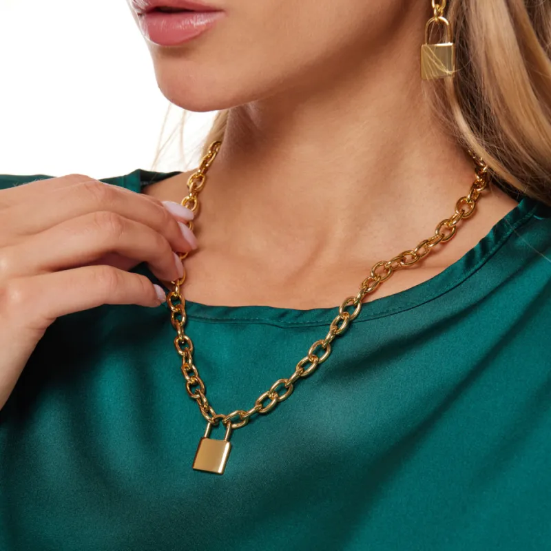 Polished Gold Link with Lock Pendant Necklace sold by Kenneth Jay Lane