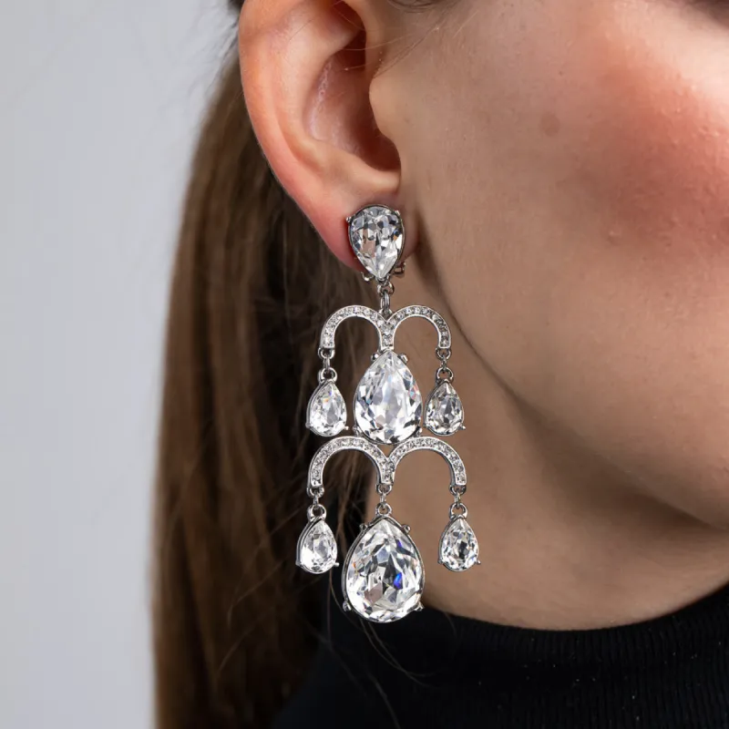 Silver and Crystal 2 Tier Chandelier Drop Clip Earrings sold by Kenneth Jay Lane