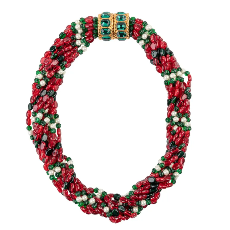 Gem and Pearl Beaded Necklace with Emerald Clasp sold by Kenneth Jay Lane