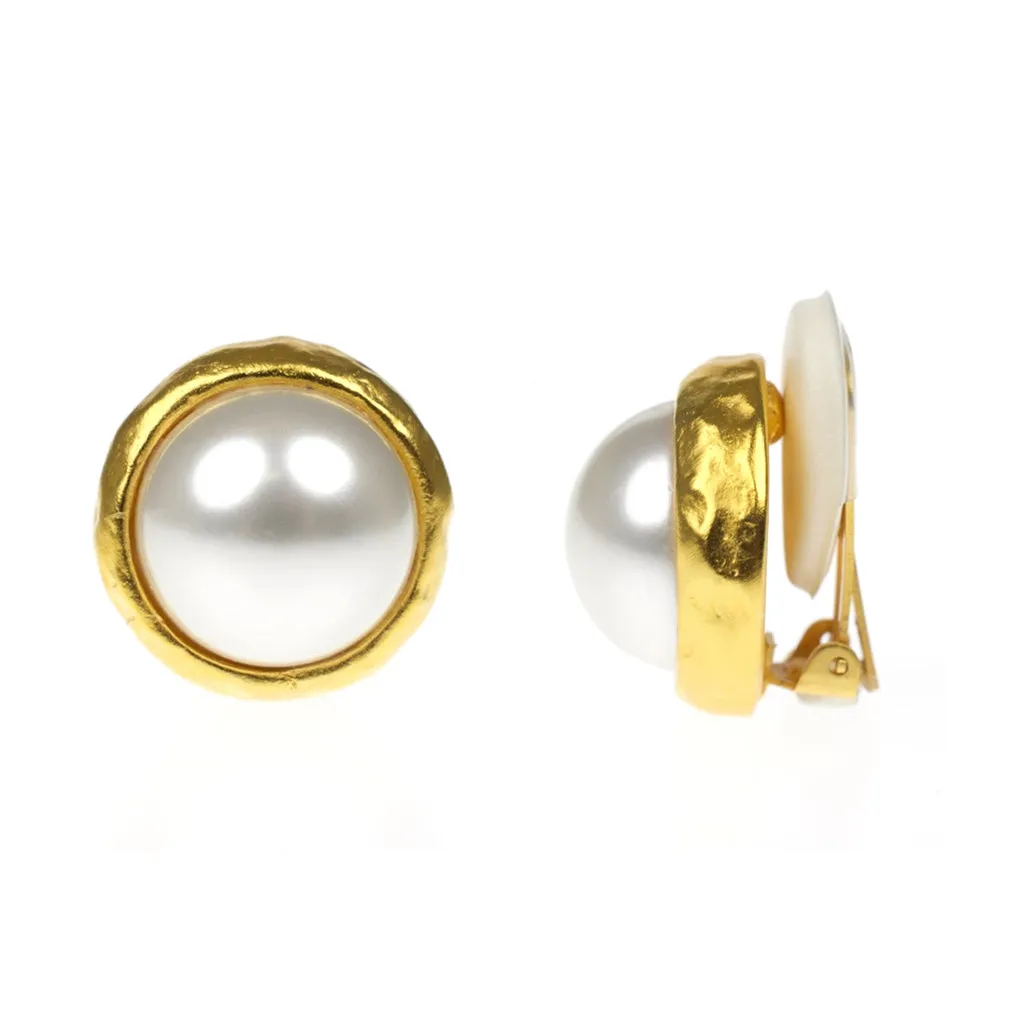 Hammered Gold & Pearl Clip Earrings sold by Kenneth Jay Lane product image thumbnail 2