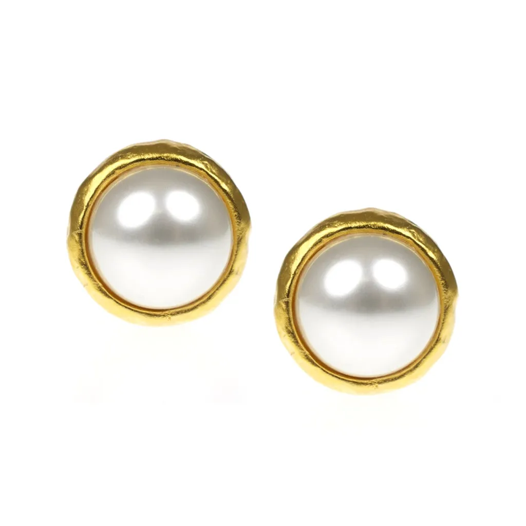Hammered Gold & Pearl Clip Earrings sold by Kenneth Jay Lane
