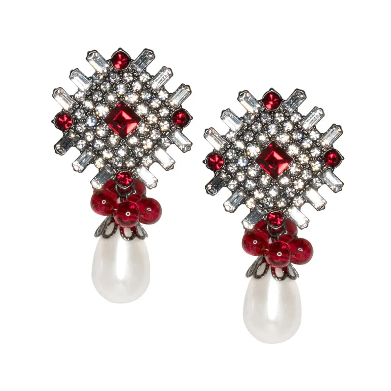 Ruby and White Pearl Drop Pierced or Clip Earrings sold by Kenneth Jay Lane