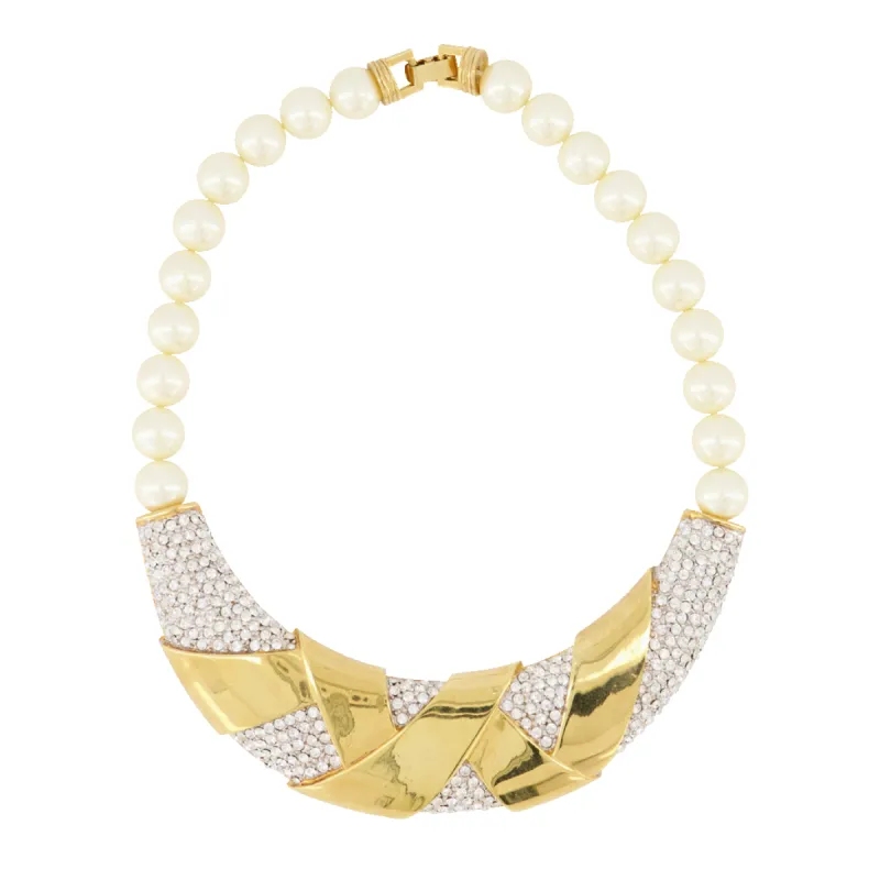 Vintage Pearl and Rhinestone Bib Necklace sold by Kenneth Jay Lane