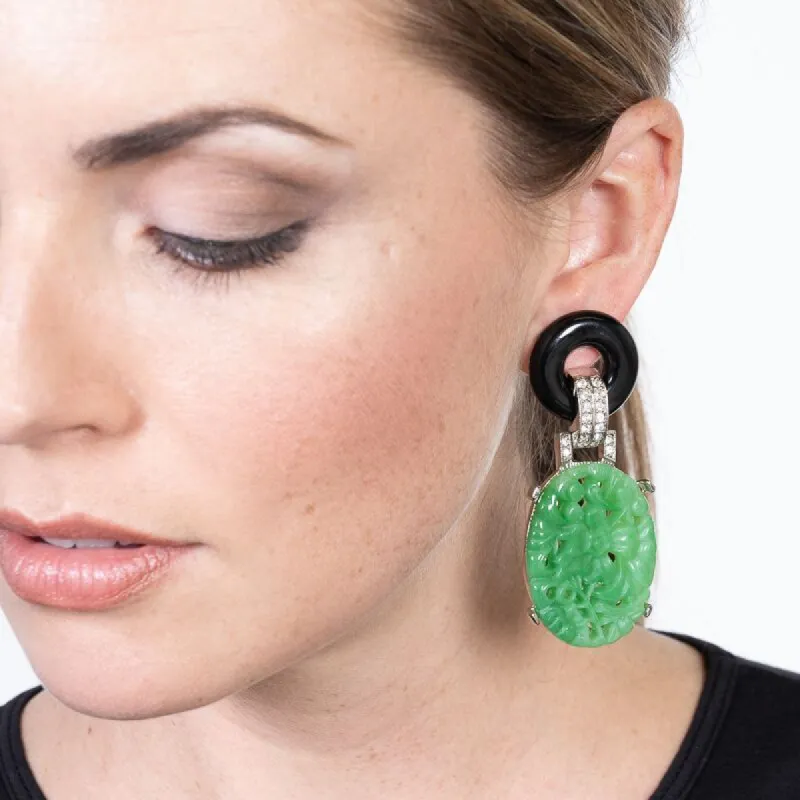 Carved Jade Drop Deco Clip Earrings sold by Kenneth Jay Lane