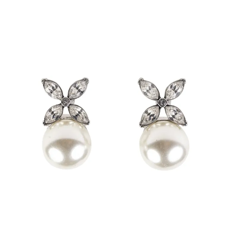 Silver and Crystal Pearl Bottom Clip Earring sold by Kenneth Jay Lane
